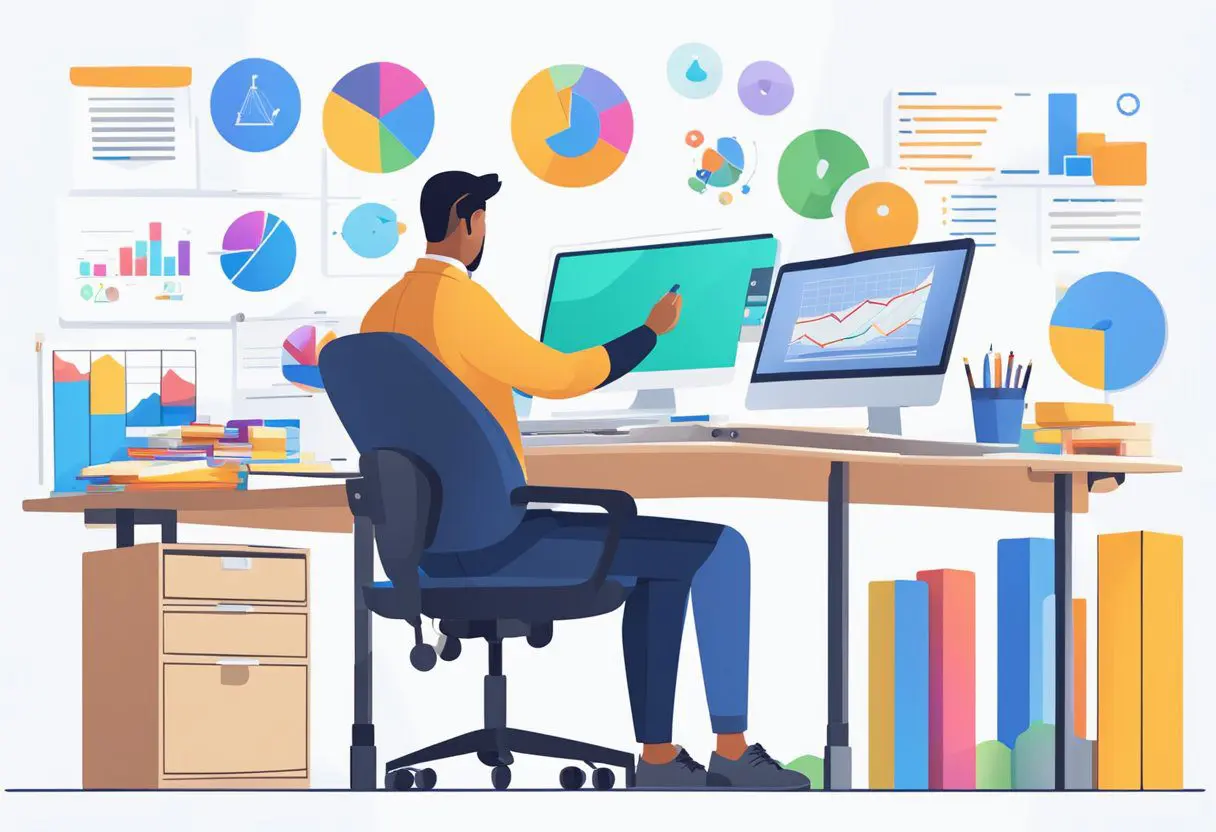 A person sitting at a desk, typing on a computer, surrounded by charts, graphs, and various SEO tools - SEO Project Management Article Norsu Media