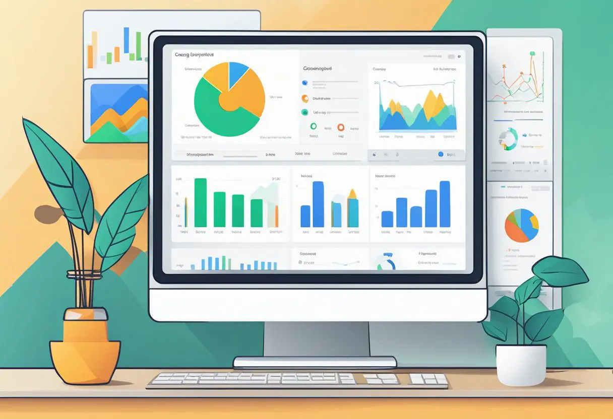 A computer screen displays Google Analytics dashboard with various data charts and graphs. Mouse cursor hovers over setup and features menu