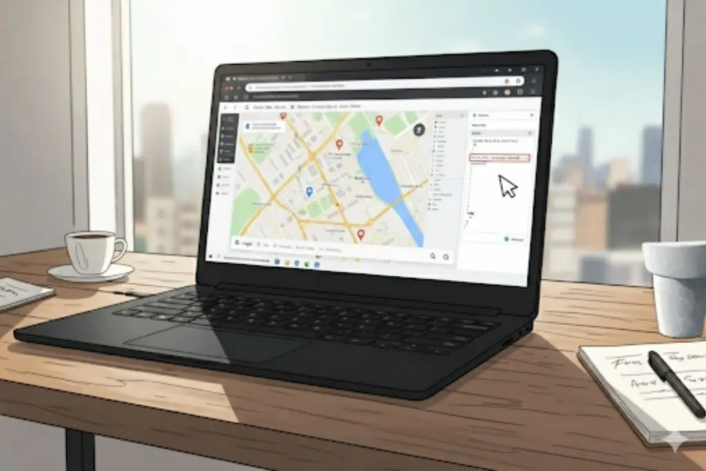 Laptop with a website on the screen that shows a Google Map. The website code is also visible, indicating how to embed the map.