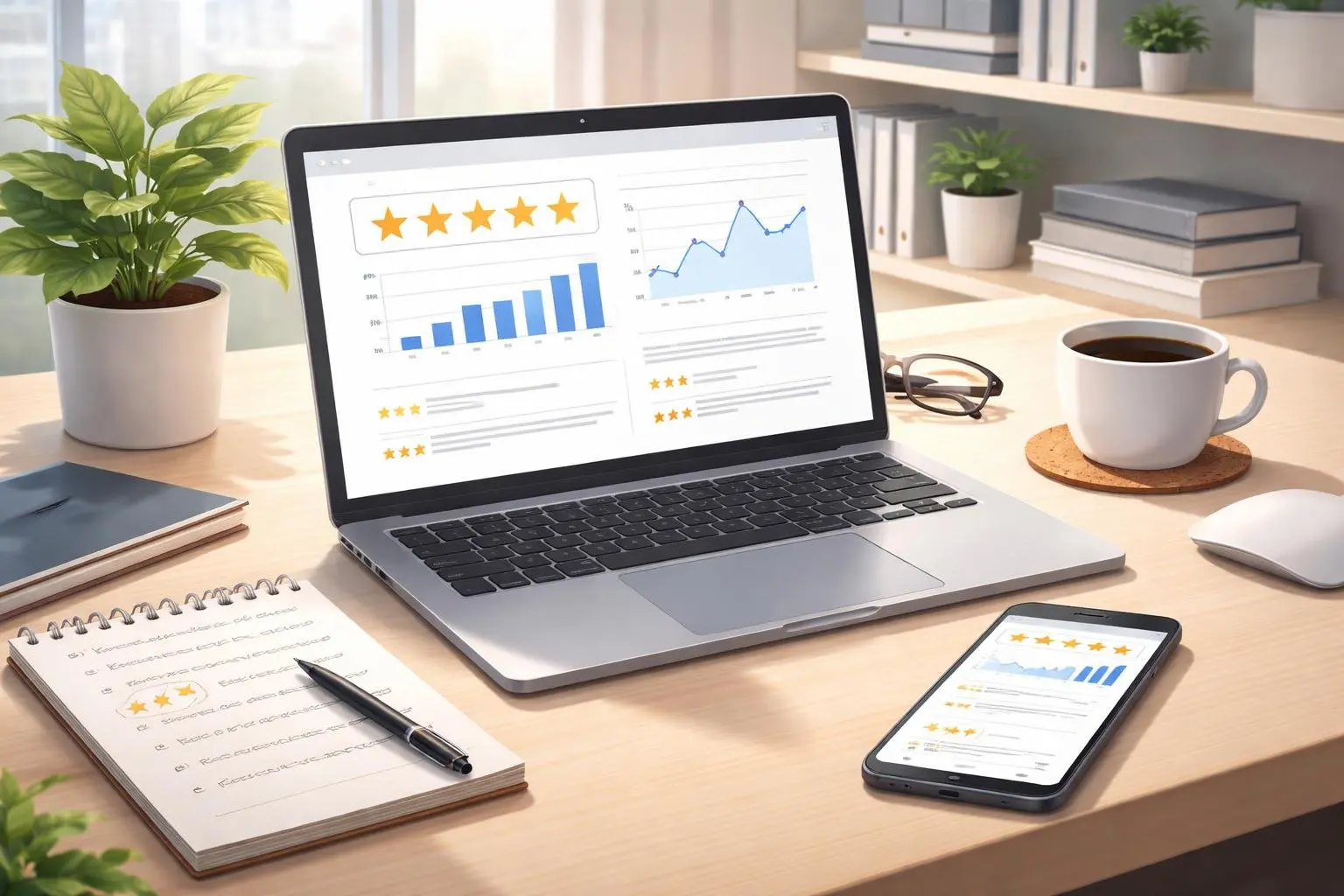 A tidy workspace with a laptop showing graphs and ratings, a notepad, coffee cup, and smartphone, set in a bright office with a city view.
