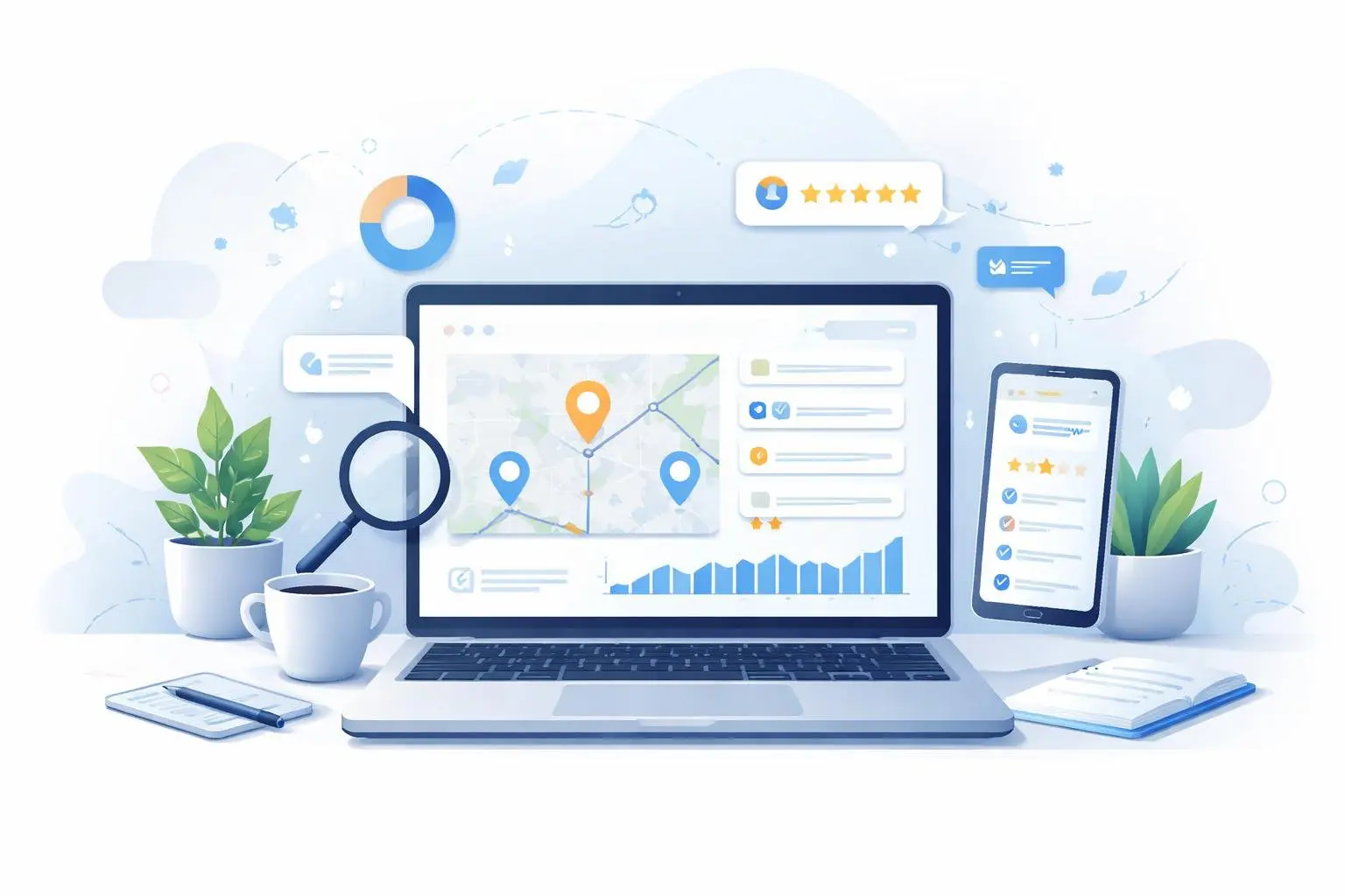 A modern workspace with a laptop showing a dashboard and icons representing location pins and data charts.