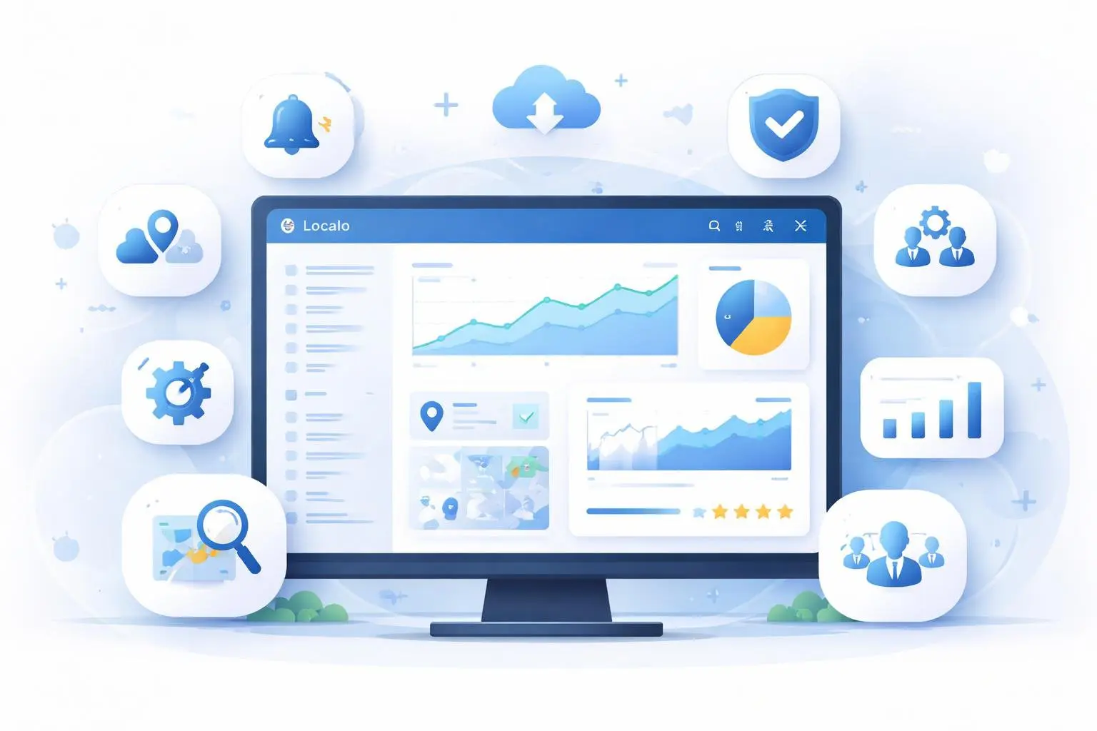 A digital dashboard displaying various charts and icons representing software features and capabilities.