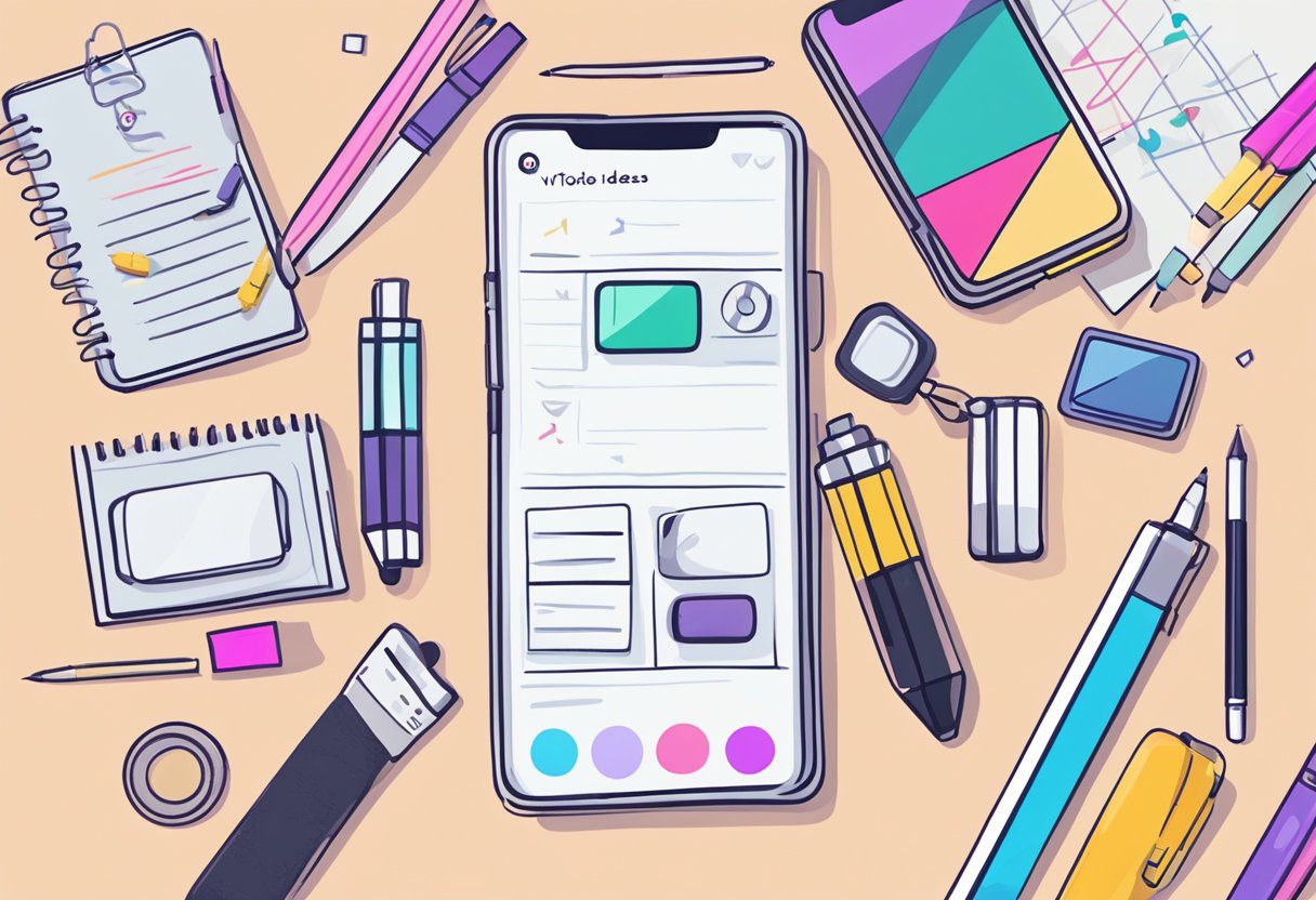 A smartphone displaying various TikTok video ideas with a notepad and pen for brainstorming - TikTok Content Strategy Article Norsu Media