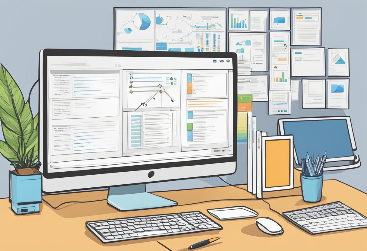 A computer screen displaying a flowchart with various interconnected boxes and arrows, alongside a desk with a notebook and pen