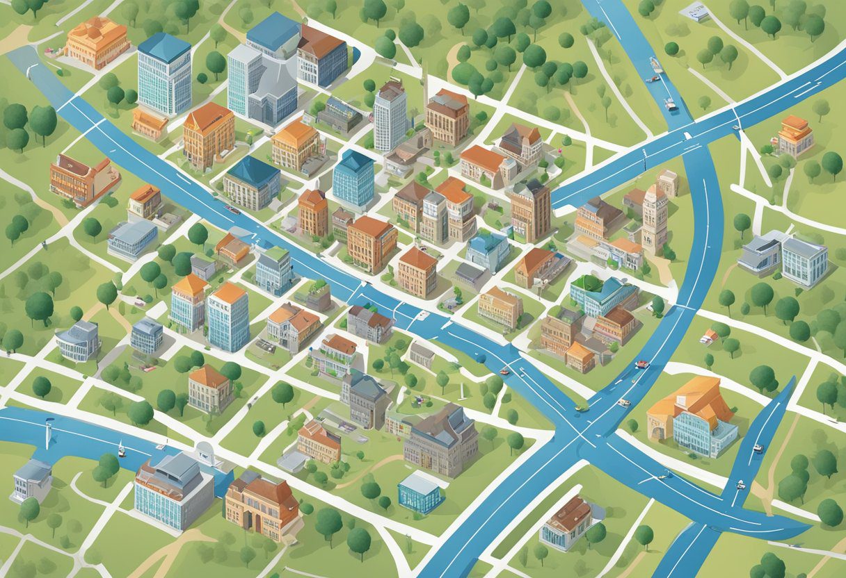 A map showing a city with various businesses highlighted and labeled, with arrows pointing to their locations