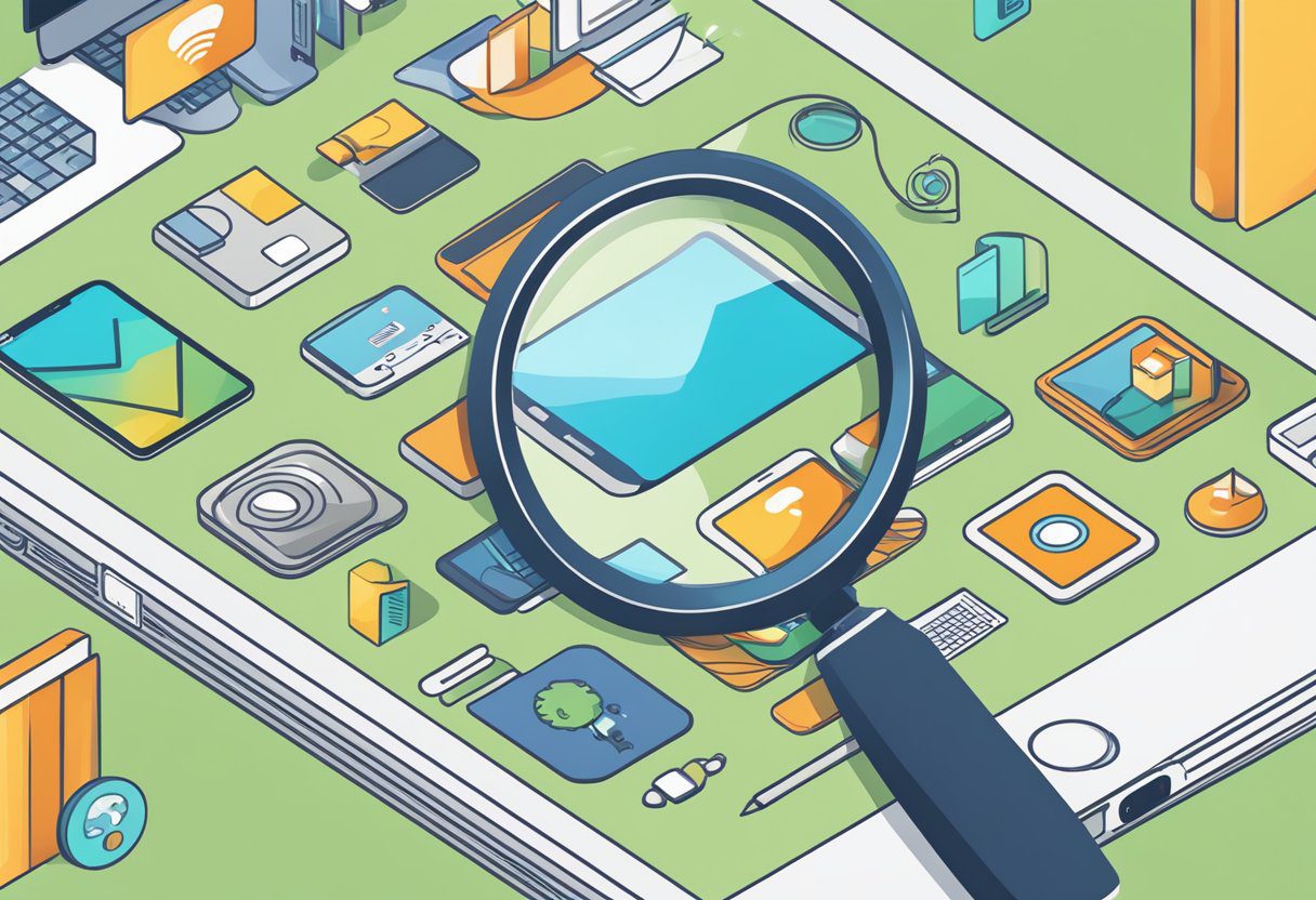 A smartphone with a magnifying glass over a search bar, surrounded by various digital icons and keywords related to SEO - SEO Mobile First Article Norsu Media