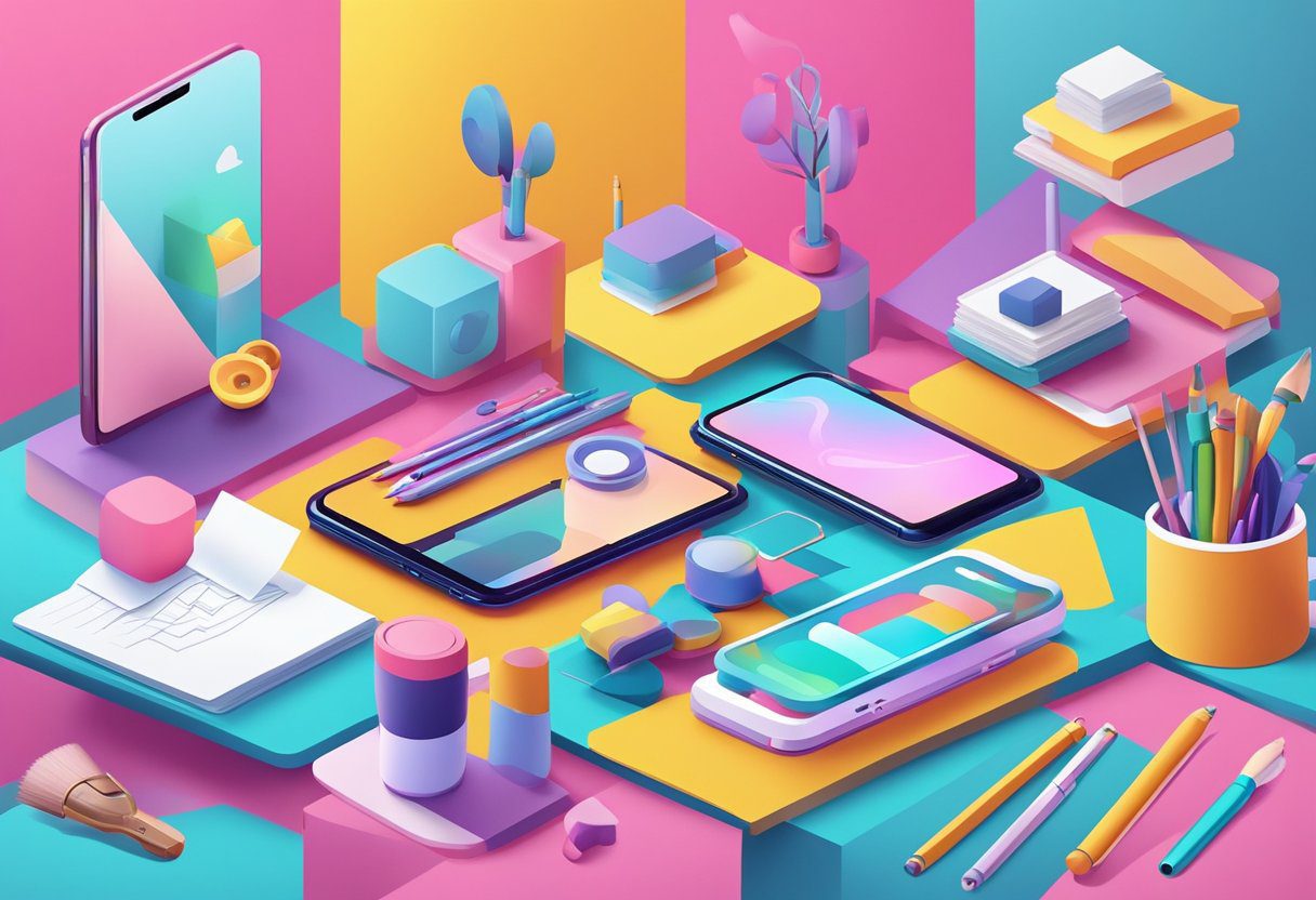 A colorful array of props and backgrounds, with a smartphone displaying TikTok's interface, surrounded by creative tools and brainstorming notes