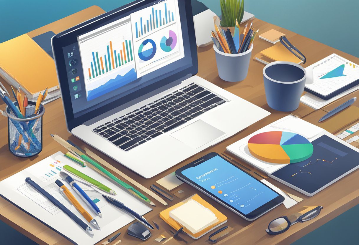 Various SEO tools scattered on a desk, including a laptop, notepads, pens, and a smartphone with analytics app open