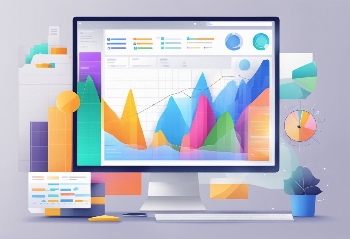 A computer screen displaying a sleek and modern email marketing software interface with colorful graphs and charts