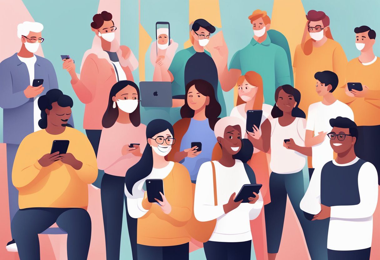 A diverse group of people of varying ages and backgrounds engaging with the TikTok app on their devices, showcasing the platform's wide-reaching appeal - Tiktok Demographics Article Norsu Media