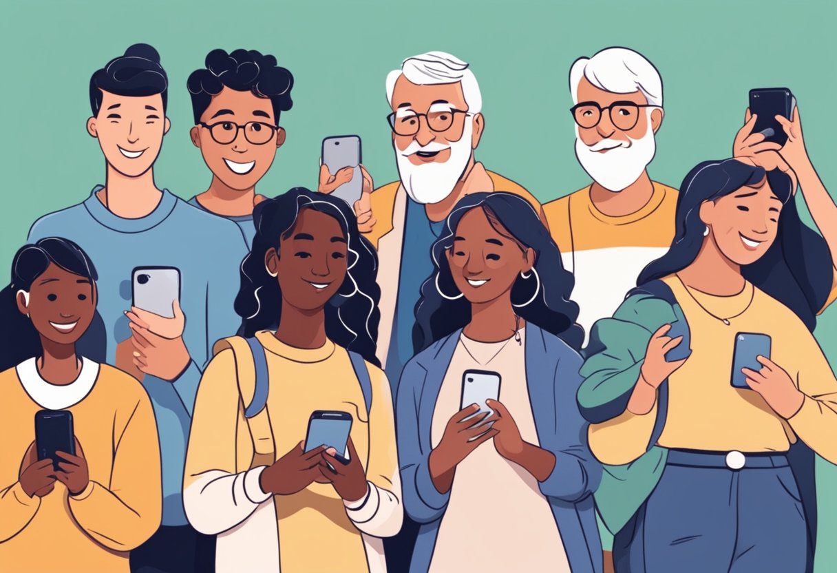 A diverse group of people of various ages and backgrounds engaging with TikTok on their smartphones - Tiktok Demographics Article Norsu Media