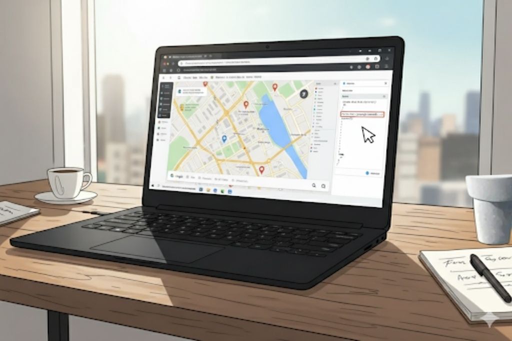 Laptop with a website on the screen that shows a Google Map. The website code is also visible, indicating how to embed the map.