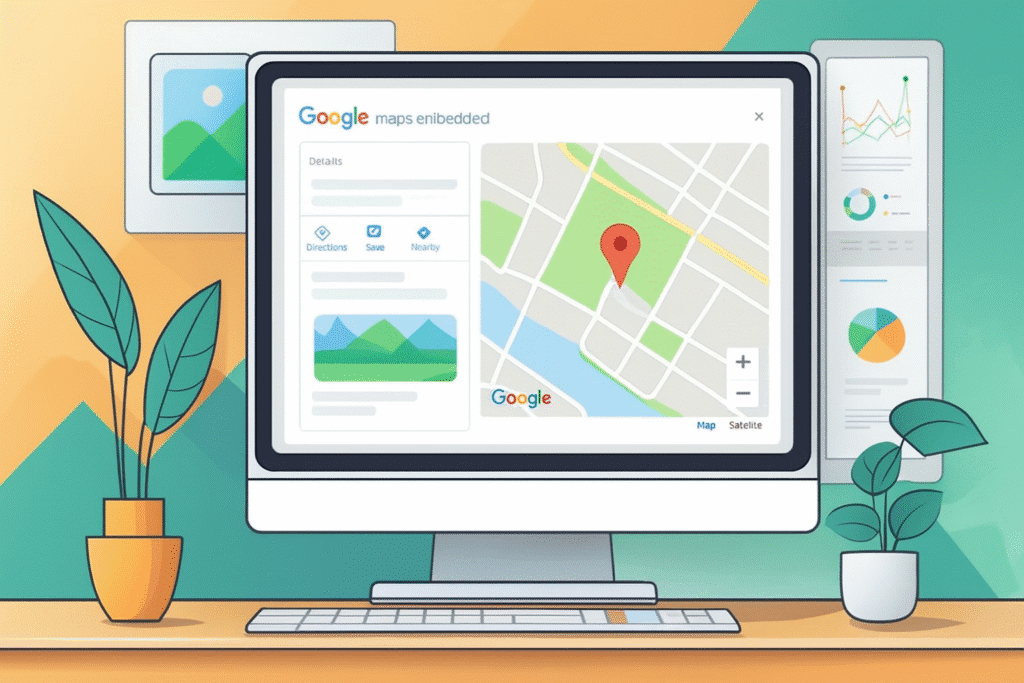 A desktop computer on a wooden desk showing an embedded Google Map with a red location pin.