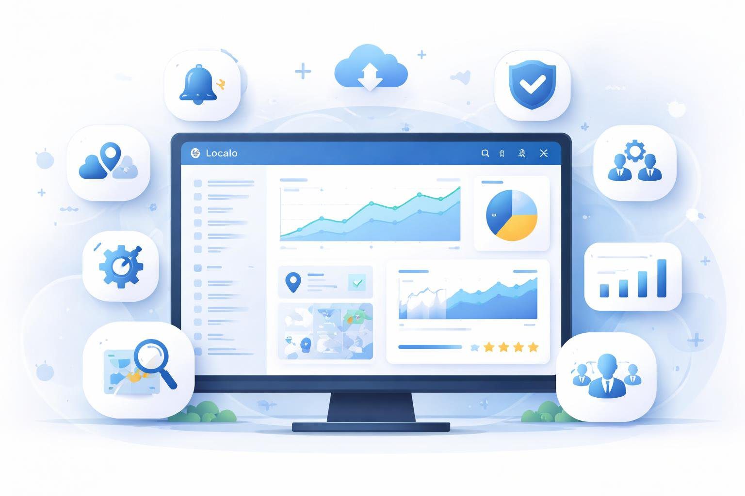 A digital dashboard displaying various charts and icons representing software features and capabilities.